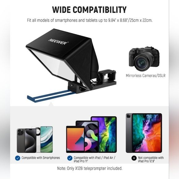 NEEWER Basics X12B Aluminum Alloy Liftable Teleprompter 12" for iPad Tablet Phne - Picture 2 of 13